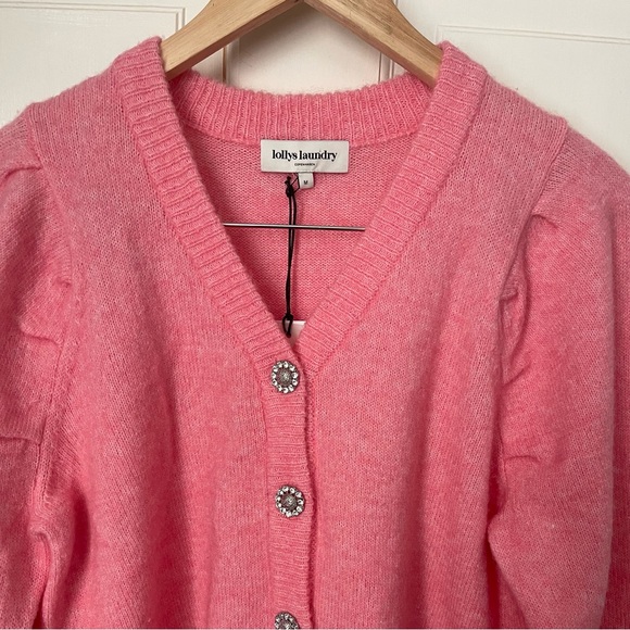 NWT Lollys Laundry Laura Cardigan Sweater Wool Pink Medium Jewel Buttons - Picture 3 of 12